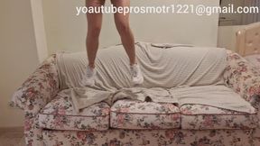 Nastya hard jump on new sofa with dirty sneakers and high heels + crush fetish and sexy walking and trampling + pillow trample