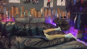 Cock Rubbing Down Jacket on Shiny Nylon Bed