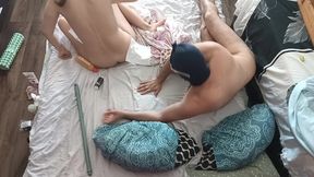 Foreplay in the Bedroom with an Amateur Couple. Amateur MILF Does Naked Yoga, Hairy Pussy, Big Ass, Big Tits.