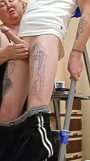 after repairing the chandelier, my mother-in-law jerks off my dick to a cumshot   Clip 2