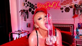 Ms Red X Deep Throats &amp_ Rides a Giant Dildo
