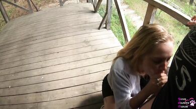 Blonde whore gagging on hard cock caught blowjob in front of shocked stranger