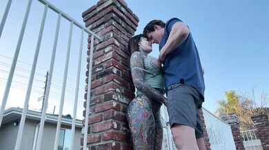 Tattooed milf rides muscle man in backyard POV fucking