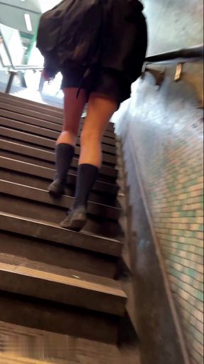 Slim blonde amateur caught in candid upskirt spy action