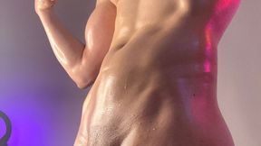 Oiled up trans muscle girl flexes and strokes until she cums