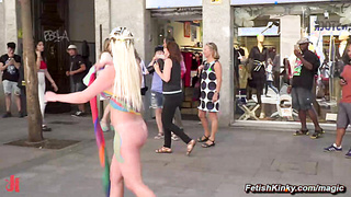 Body painted babe fucked in public