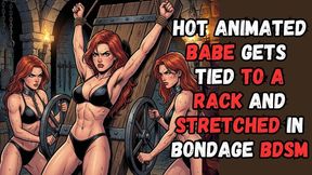 Dirty muscled redhead animated babe with bushy hairy armpits is tied to a rack in the dungeon and stretched by two kinky fetishists in BDSM bondage