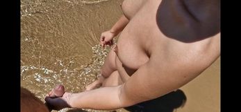 Stranded at Nudist Beach, Busty Babe Touches My Hard Dick