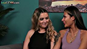 Curly British babes in a CFNM femdom group jerk off in a steamy HJ action