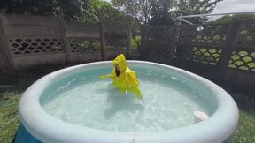 Rain Jacket and Wellies in the Pool