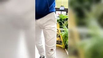 Mature American Daddy Freeballing in Thin Dickies with Big Public Bulge