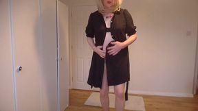 Taking off my black dress in nude pantyhose and bra