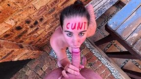 chubby slut with small tits gets a creampie outdoors with body writing