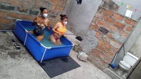 My neighbor is in the pool wearing a very tempting and sexy bikini. She&#039;s hot.
