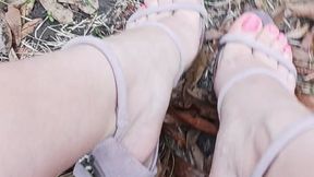 Outside dangles in lavender heels