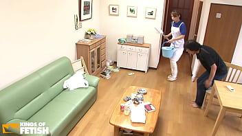 Horny man destroys mouth and wet bush of his Japanese maid while she cleans the house