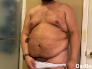 Verbal fat guy talks down to you/degrades you while you watch; oils up chest, moobs, and thighs too