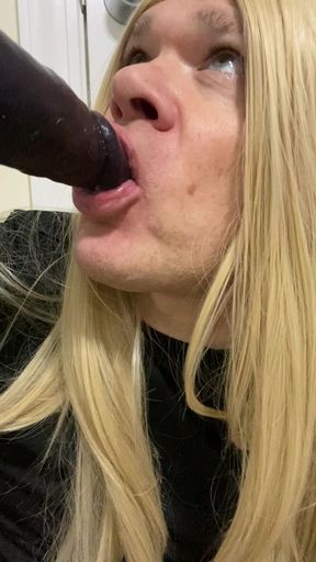 Crossdresser sucking a BBC dildo while talking to Daddy like a good slut