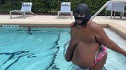 BBW topless in public pool