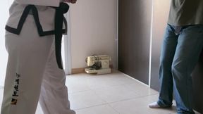 Standing ballbusting kicks to student