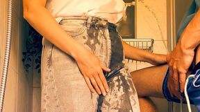 Fully dressed in jeans and a shirt, she hops into the shower and lets him soak her completely – then enjoys a long, delicious shower in her totally pissed-on outfit (artwork without audio)