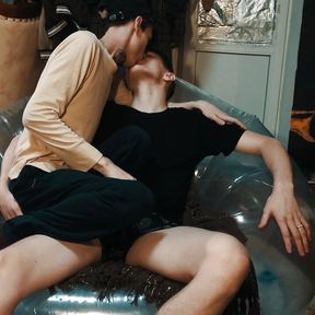 Young students have hot sex on an inflatable transparent chair