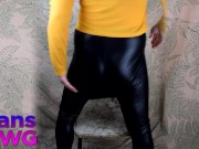 Chubby Shemale in Female Mask, Leather Leggings, and Bulge