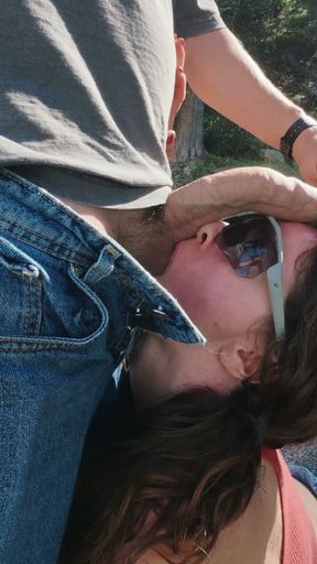 pale brunette got caught while tries deepthroat with strangers in public   Clip 1