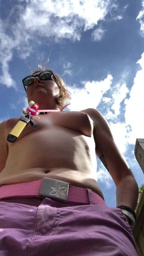 Epic moment from "When outdoors topless DIY turns into naked DIY."