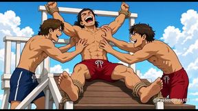 Roped To The Lifeguard Tower Rail - Bare Hands On His Soles And Armpits (2D Anime)