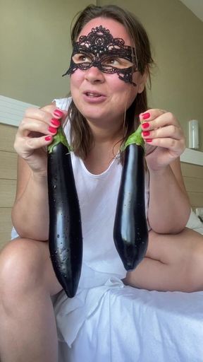 I'm a beautiful lady, masturbating my gaping hairy anal hole with a big black eggplant