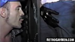 Vintage jock throatfucked hard through glory hole wall