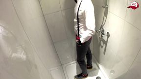 Wet gentleman clothes, white and shiny, wet jeans