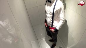 Wet gentleman clothes, white and shiny, wet jeans