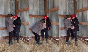 Sexy Lesbian Farmers Kiss And Touch Each Other In The Barn