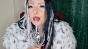 Spit fetish. Dominatrix Nika prepares a cocktail of spit and chewed cherries for you. Food fetish.