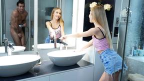 ”Tiny blonde teen step sister pranks huge cock step brother & fucks him”