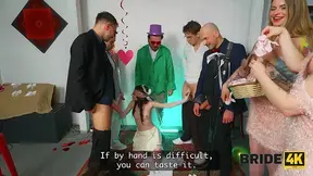 A blushing bride gets married to a lucky groom and two of his buddies.