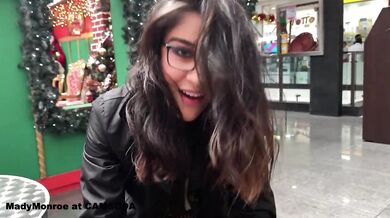 Teased latina masturbates her tight pussy in public bathroom