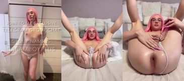 Gaping femboy in solo strip tease dildo anal fuck
