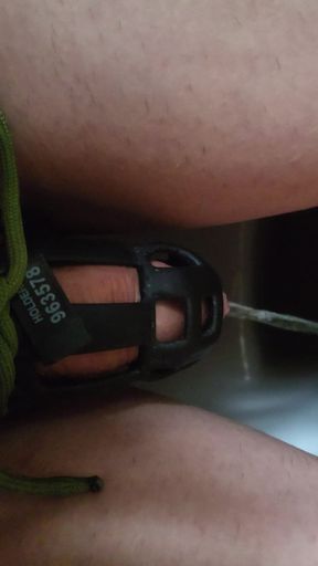 Peeing in the chastity cage