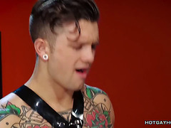 Tattooed Guy in Latex Pants Fucks His Bf