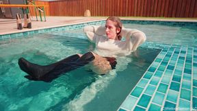 Kate Goes for a Swim in Leather, a Sweater, Socks and Boots