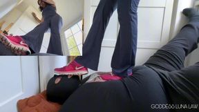 After gym stinky trampling- Goddess Luna Law tramples with her human carpet with her stinky trainers, socks and sweaty barefeet wearing a tight yoga catsuit (Picture in picture )Ebony Foot Fetish, Trampling Fetish, Female Domination