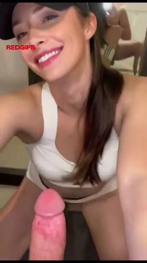 Fit blonde smiles while getting a hand job to prevent premature ejaculation