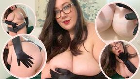 Topless BBW Brunette In Satin Elbow Length Gloves