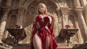 Blonde Queen in Red! Sitting by the Fountain, Adjusting Her Slit Dress. Eyes Locked on You.