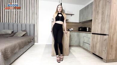 Stepmom with big ass in black suit and tight leggings with heels. Fucked by stepson in juicy pussy