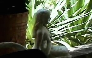 Experienced brunette lady  in yellow outfit cee cee enjoys having steamy sex on the terrace