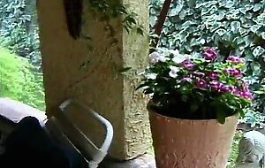 Experienced brunette lady  in yellow outfit cee cee enjoys having steamy sex on the terrace